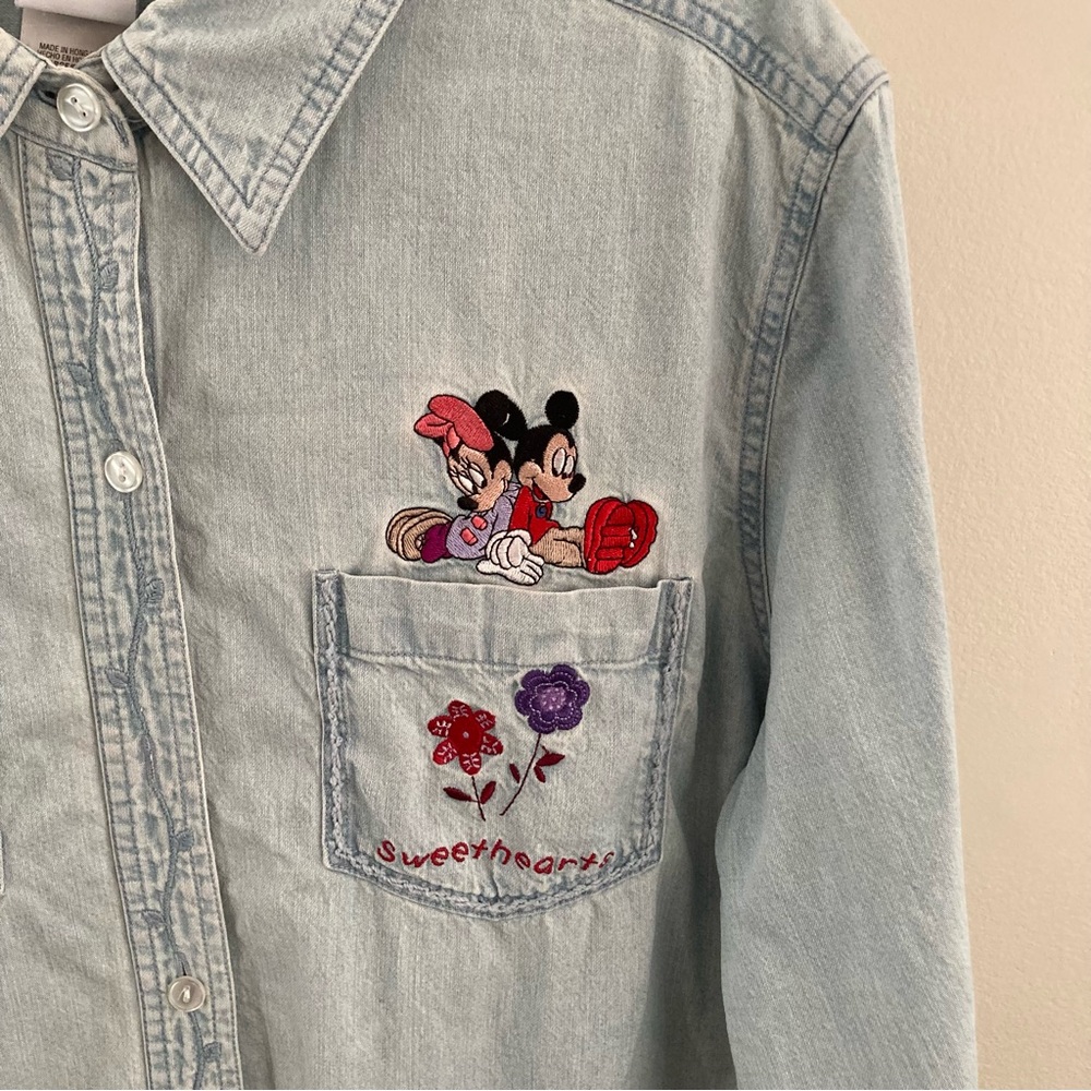 Vintage Disney Mickey Minnie Mouse denim cotton shirt button up large top - Picture 2 of 8